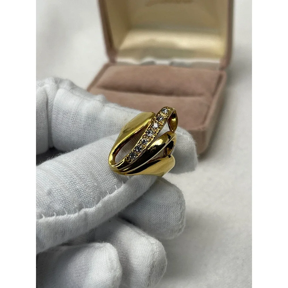 Vintage Gold Tone Sculptural Bypass Statement Ring Crystal Accents Size 4.5